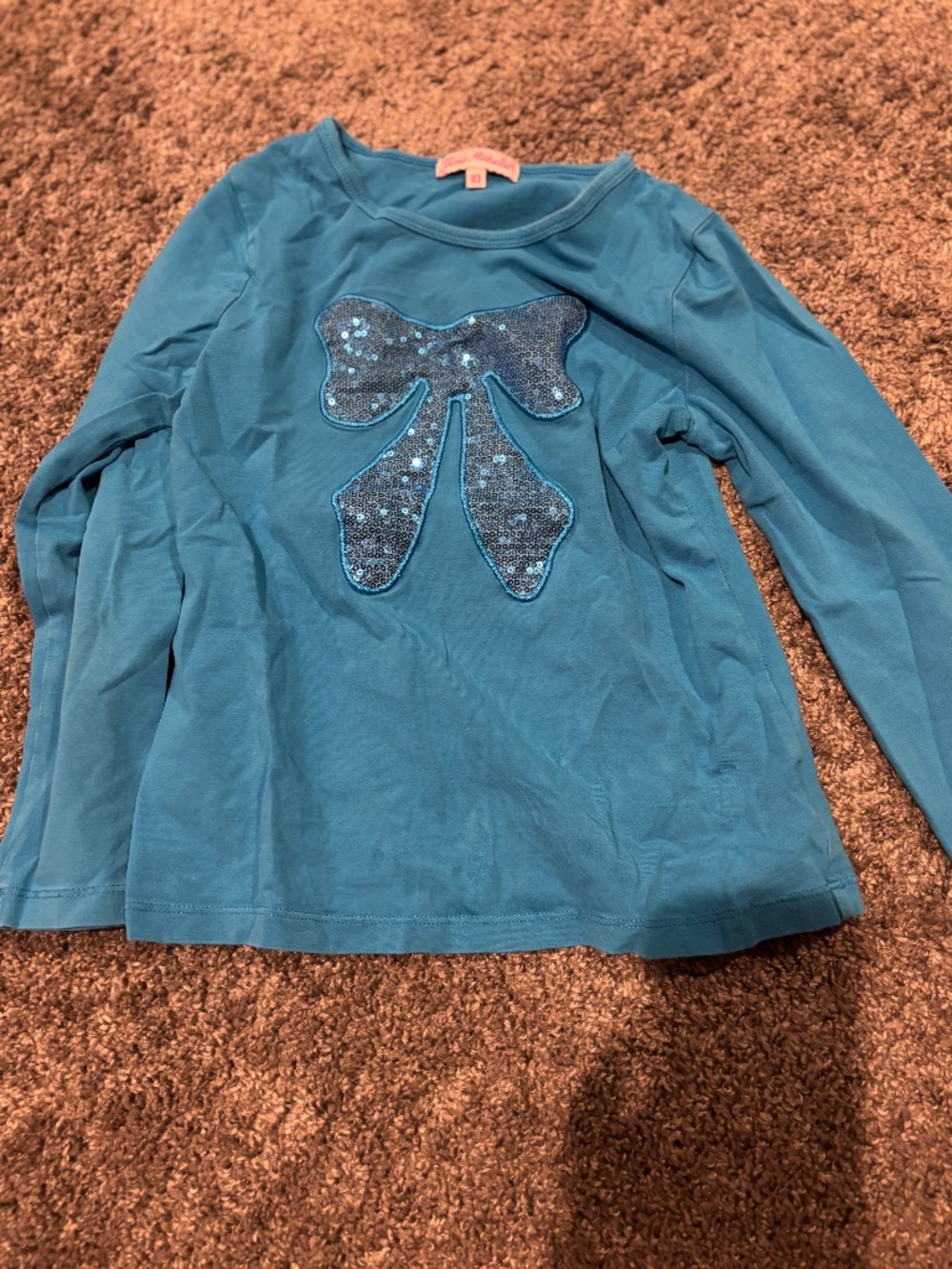 Jona Michelle Girls Sequin Bow Long Sleeve Shirt Teal Blue Cotton Size 10